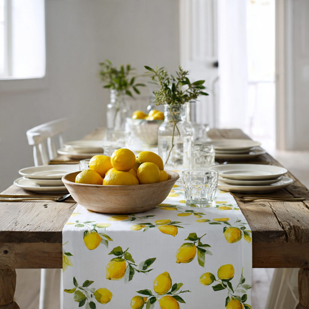 Lemon Print or Citrus Pattern Runner With Mediterranean Styling