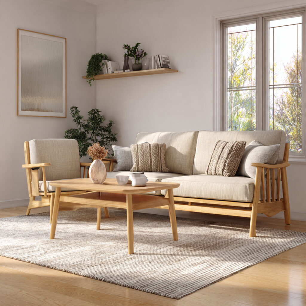 Light Oak or Ash Wood Furniture Arrangement With Open Layout