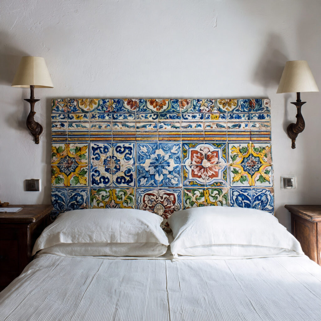 Majolica-Inspired Tiled Headboard Wall