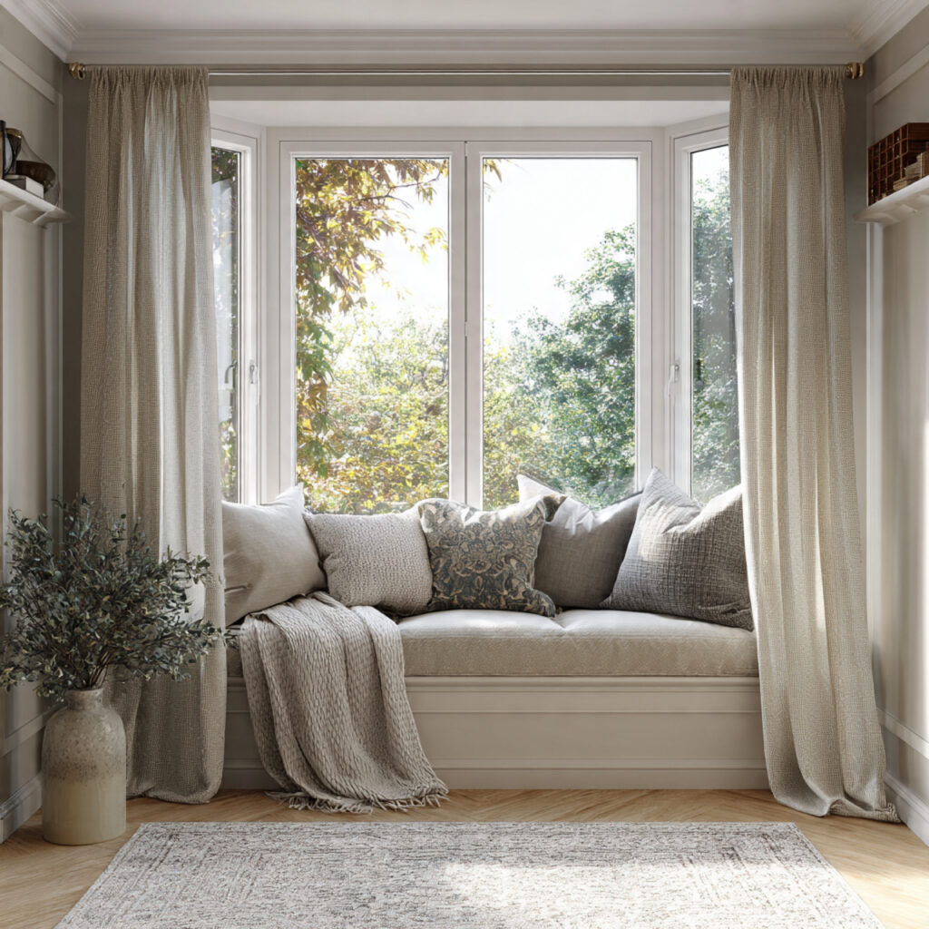 17 Cozy Summer Living Room Ideas That Feel Relaxing and Stylish Start Decorating Now 12 Window Seat or Bay Window With Cushioned Bench and Throw Styling