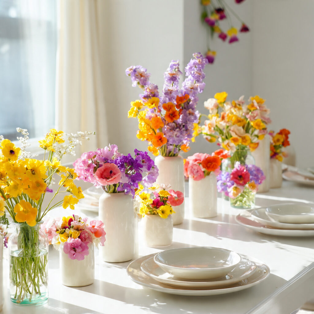 Bright Garden Table With Rainbow Spring Blooms and White Base