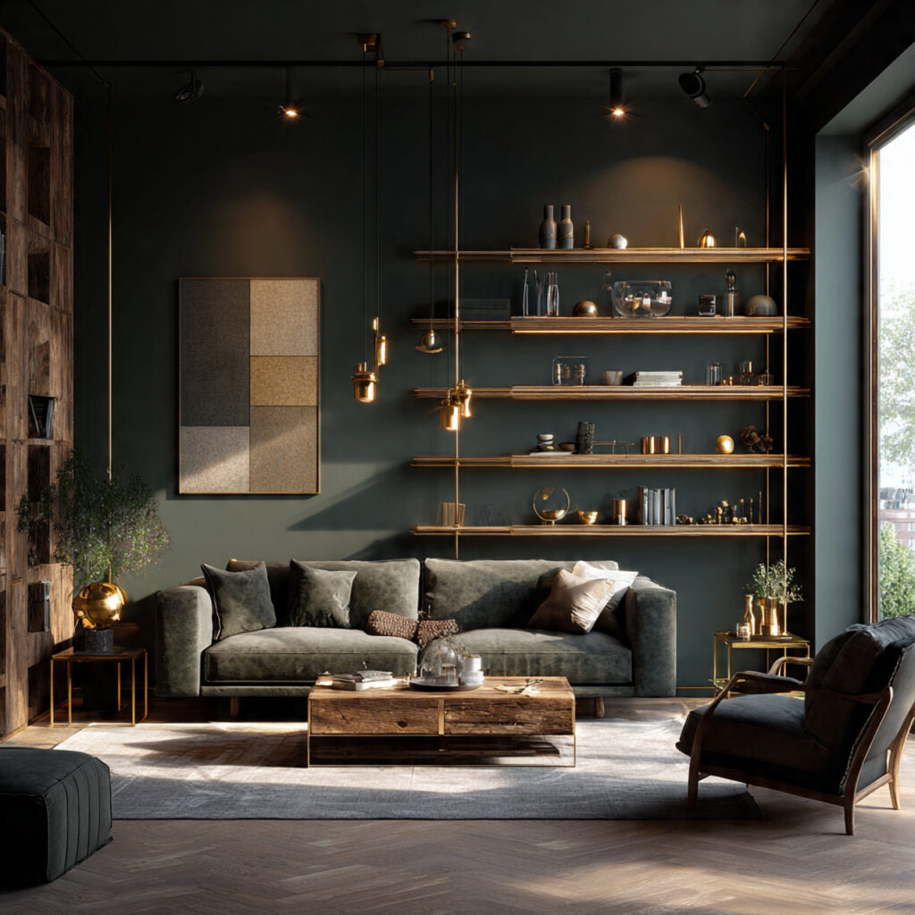 17 Cozy Summer Living Room Ideas That Feel Relaxing and Stylish Start Decorating Now 13 Dark Moody Accent Wall With Warm Brass and Wood Details