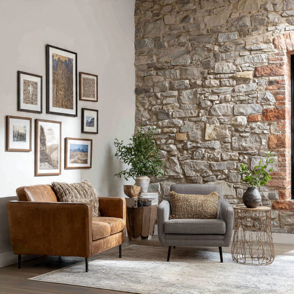 Exposed Stone or Brick Feature Wall With Warm Decor Layering