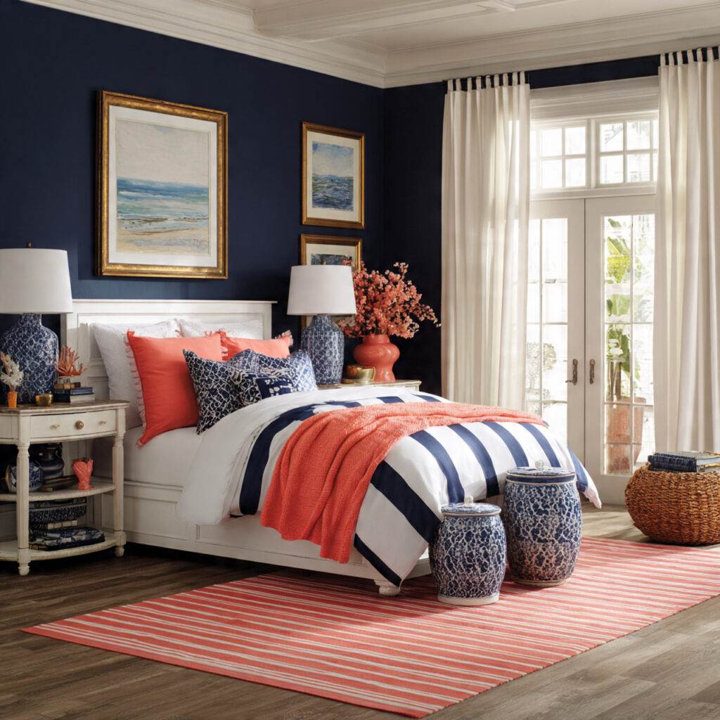 Navy and Coral Coastal Preppy Summer Bedroom