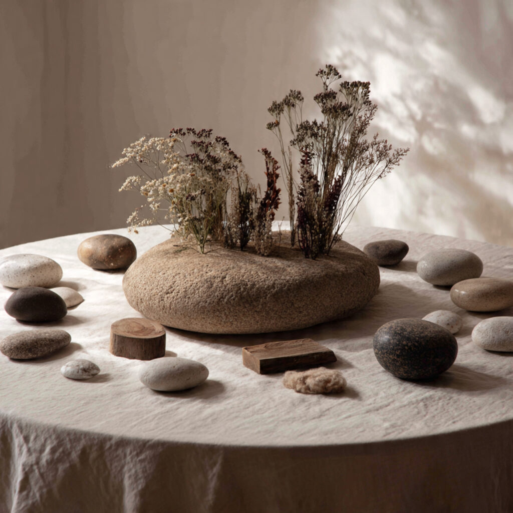 Neutral Organic Centerpiece With Stone and Wood Accents