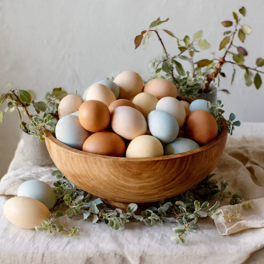 Pastel Egg Display in a Wooden Bowl