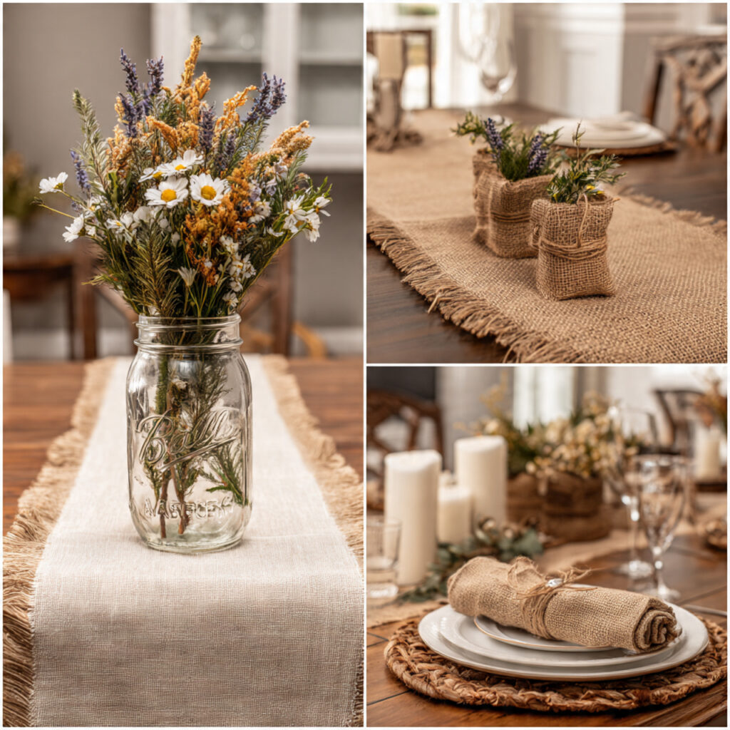 Burlap Runner With Fresh Wildflower and Twine Styling