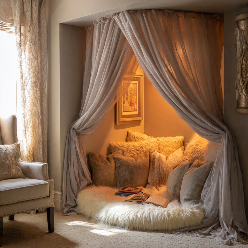 Canopy Draped Reading Nook in a Corner