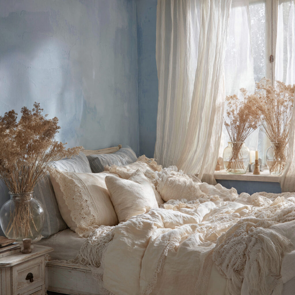 Dusty Blue and Cream Vintage Summer Bedroom