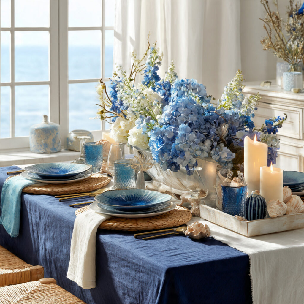 Full Layered Blue April Table With Coastal Styling and Abundant Florals