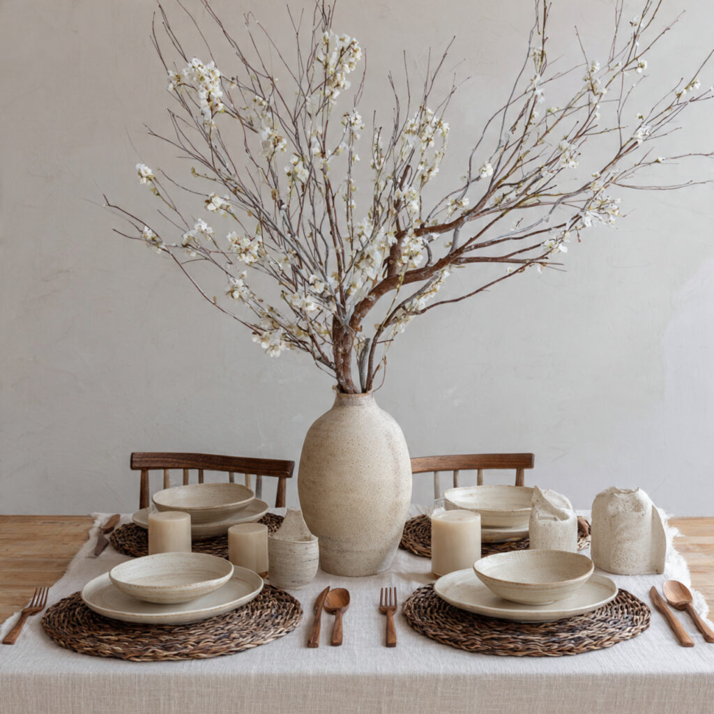 Neutral Organic Table With Woven Placemats and Branch Centerpiece