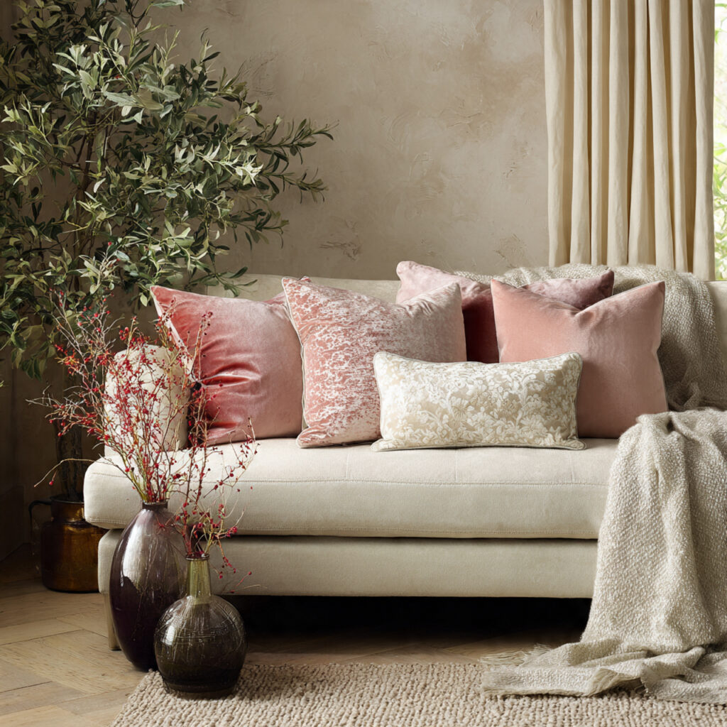 Soft Pink and Cream Velvet Cushion and Throw Layering