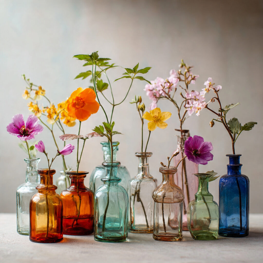 Apothecary Bottle Collection With Single Botanical Stems
