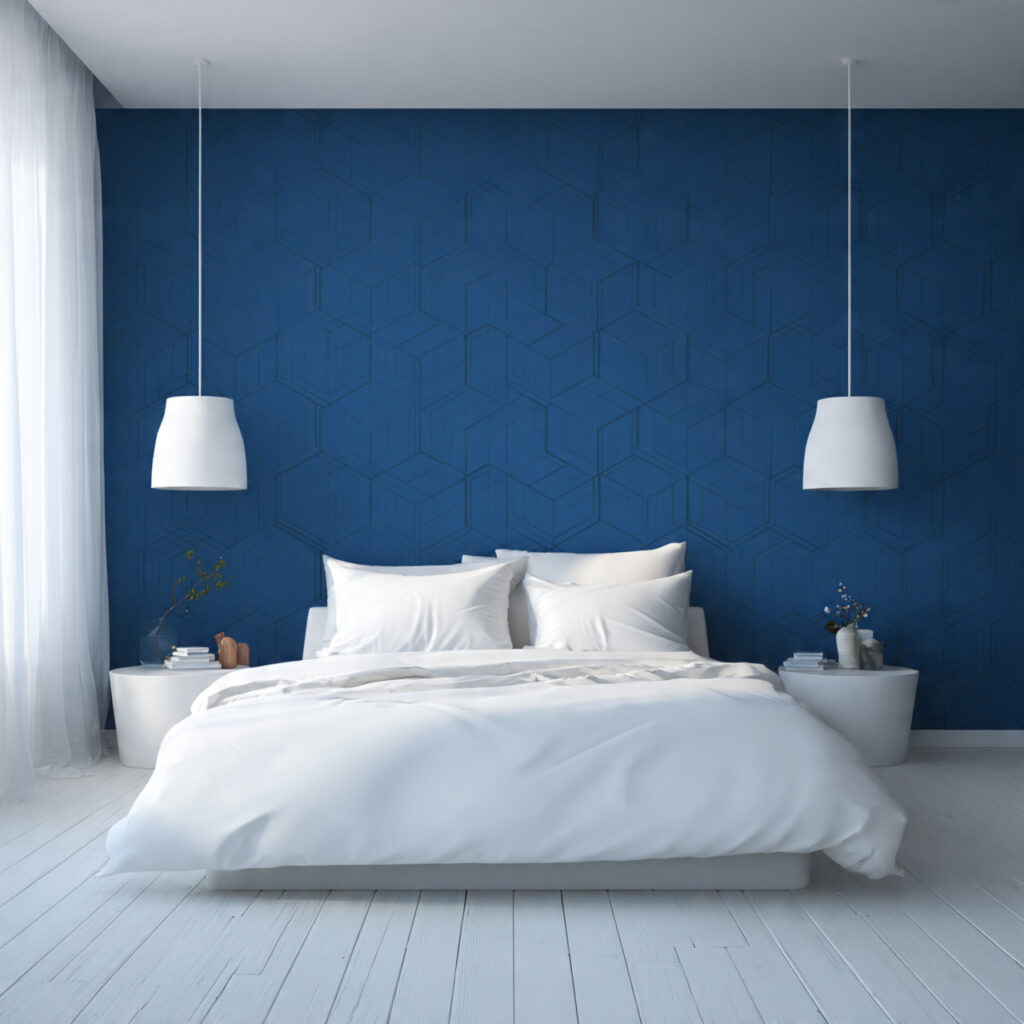 Bold Blue Geometric Wallpaper and Modern Minimal Furniture