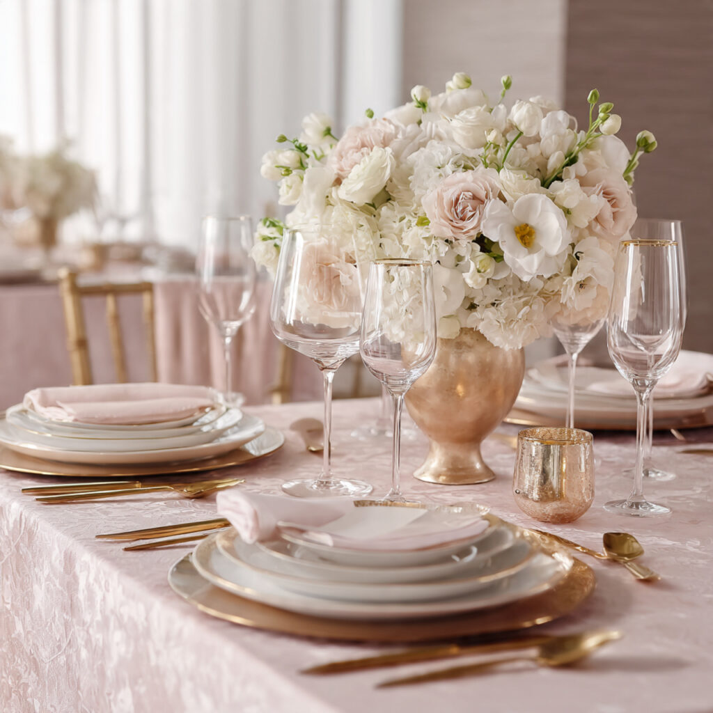 Blush and Gold Formal April Table With Layered Place Settings