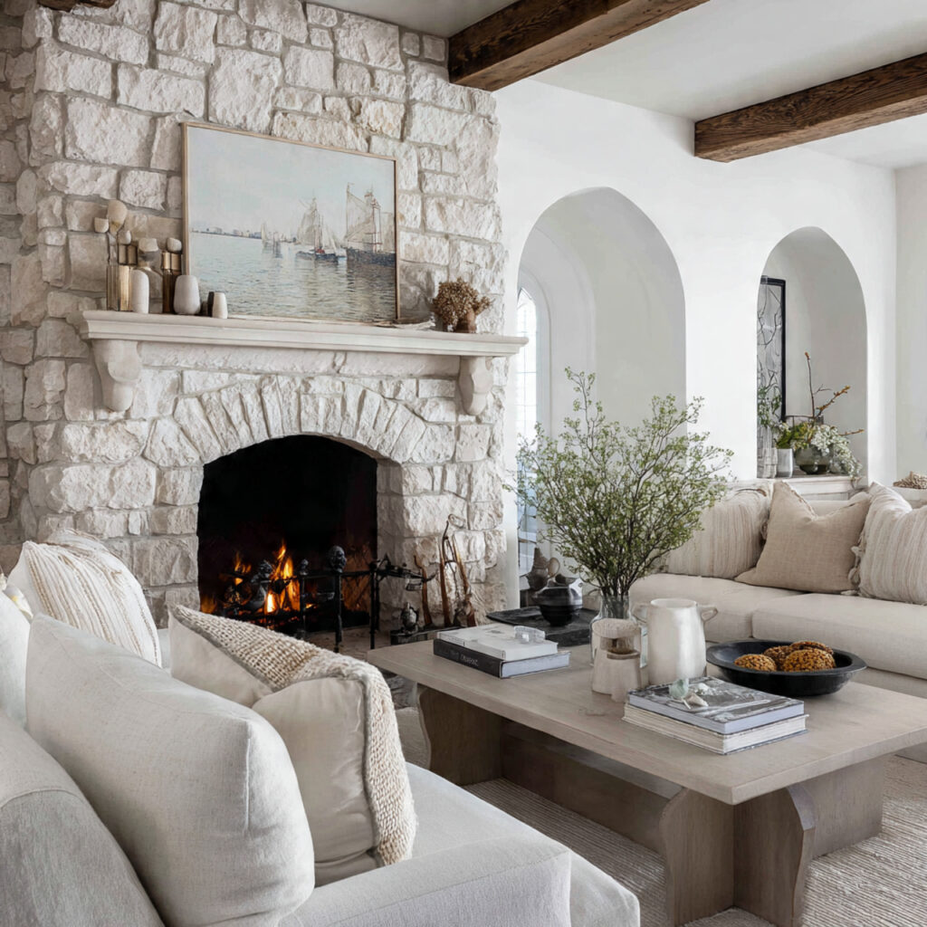 Exposed Stone Fireplace With European Mantel Styling