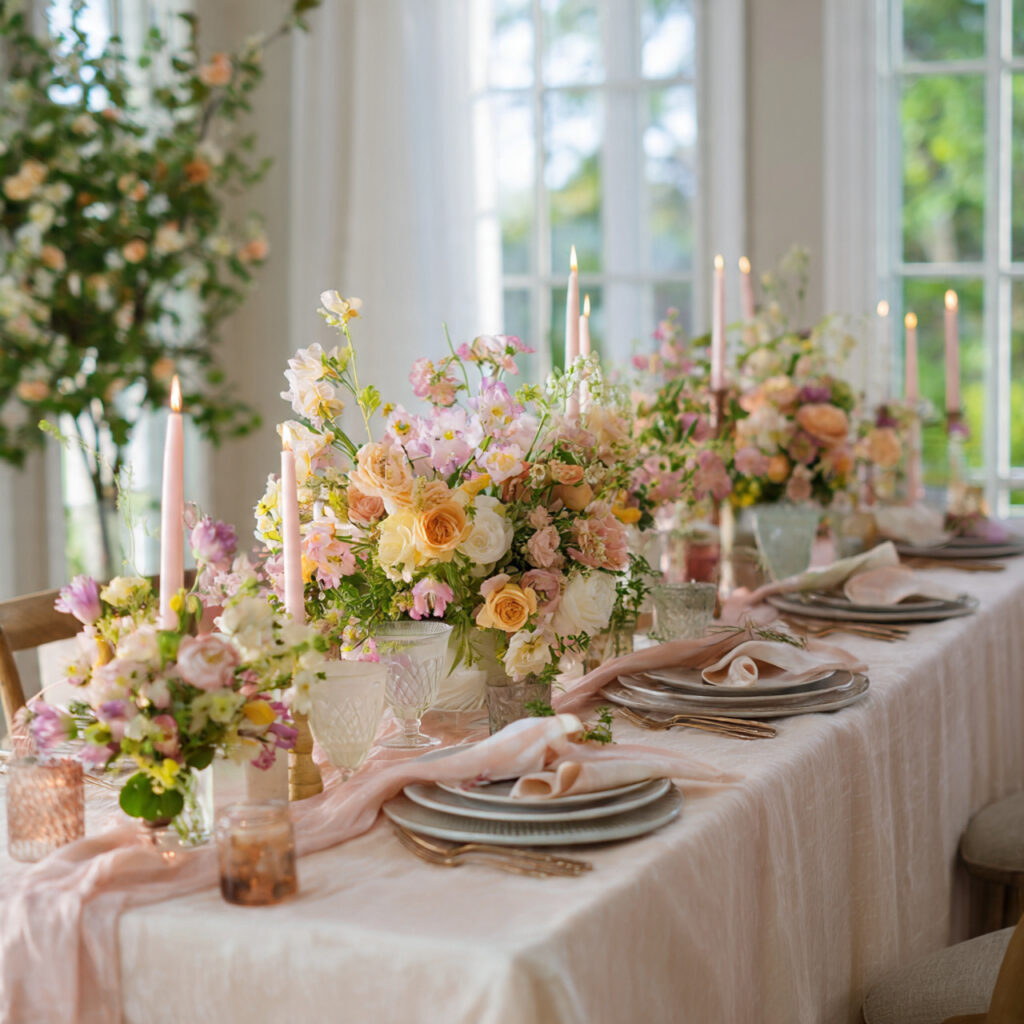 Full April Celebration Table With Layered Linens, Blooms, and Candlelight
