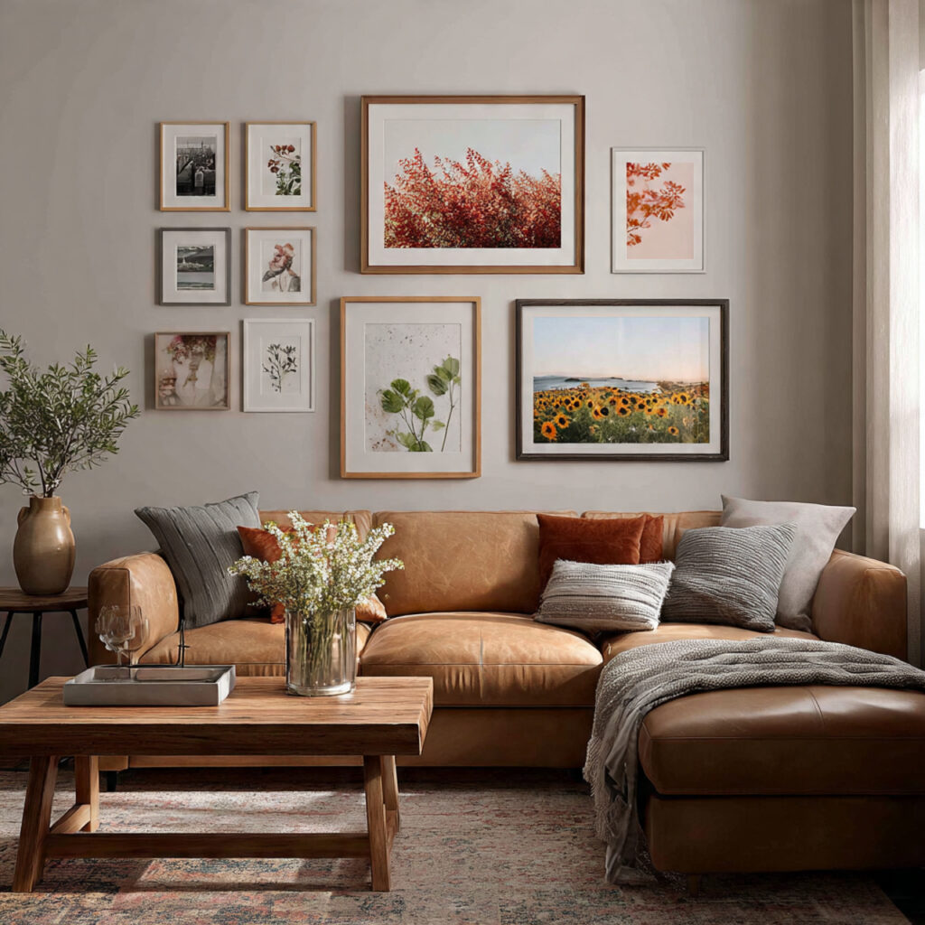 17 Cozy Summer Living Room Ideas That Feel Relaxing and Stylish Start Decorating Now 15 Gallery Wall of Personal Art and Warm Toned Prints