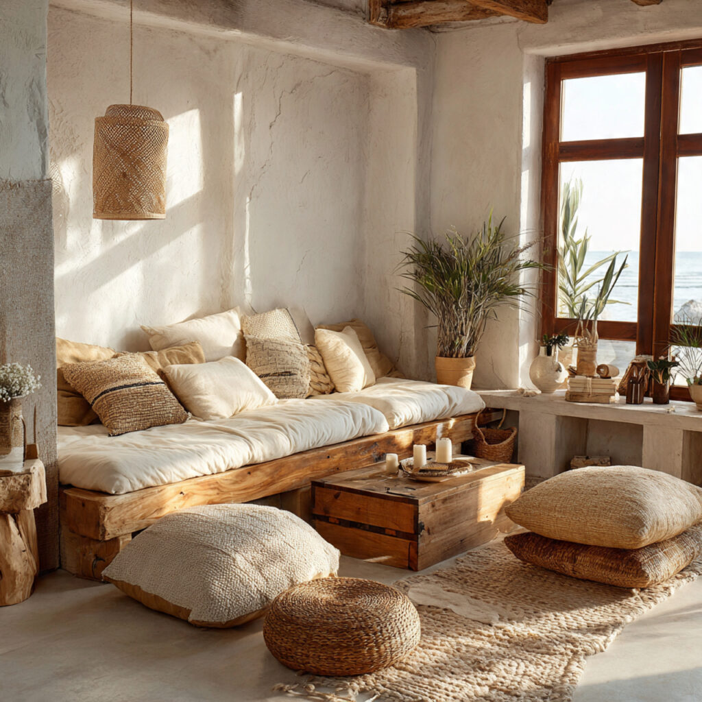 Coastal Boho Bedroom With Floor Cushions and Low Furniture