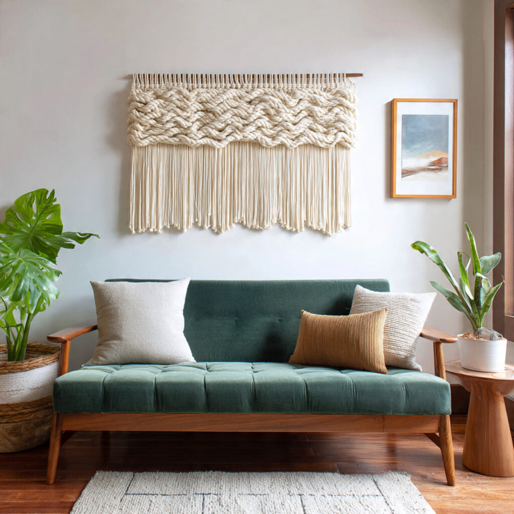 Nature-Inspired Woven Wall Hanging Above the Sofa