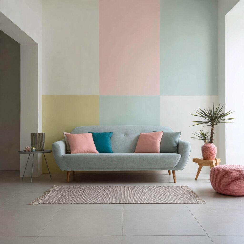 Pastel Color-Blocked Accent Wall Behind the Sofa