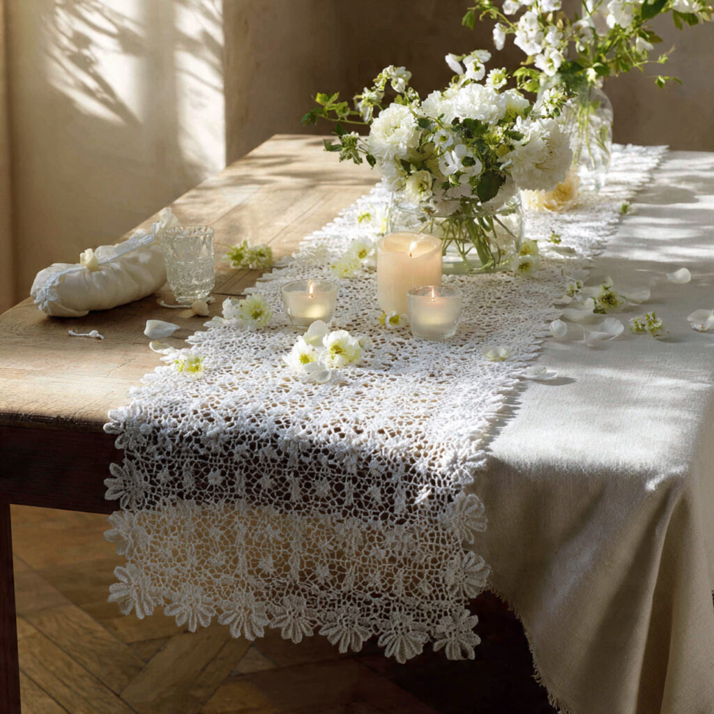 White Crochet or Lace Runner With Floral Layering