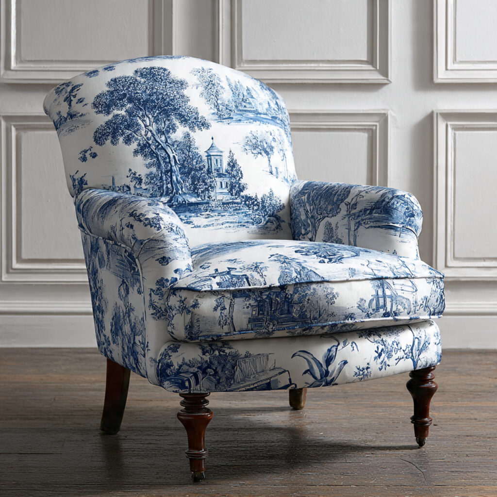 Blue and White Toile or Botanical Print Upholstered Chair