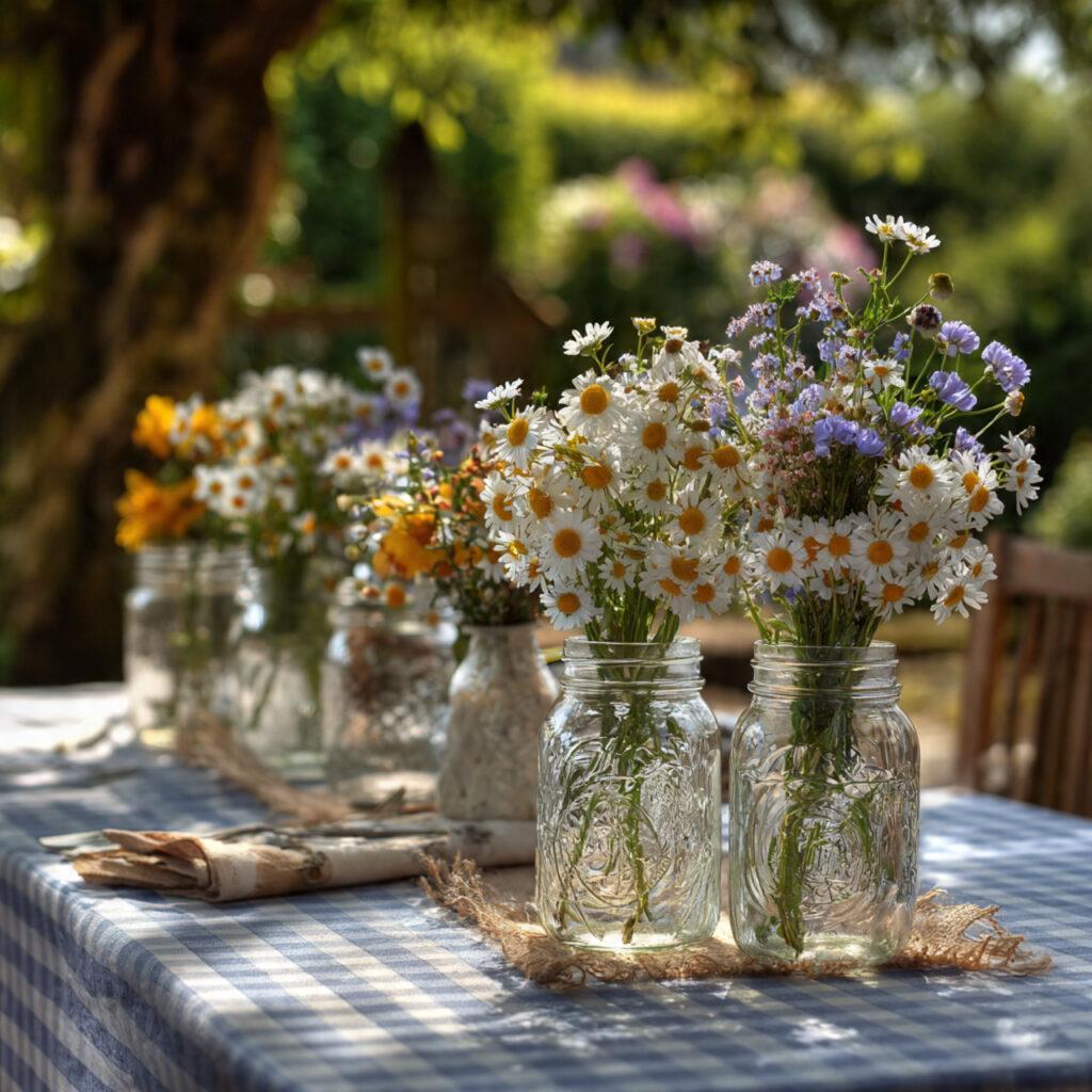 Cottagecore April Table With Mason Jars and Garden Flowers