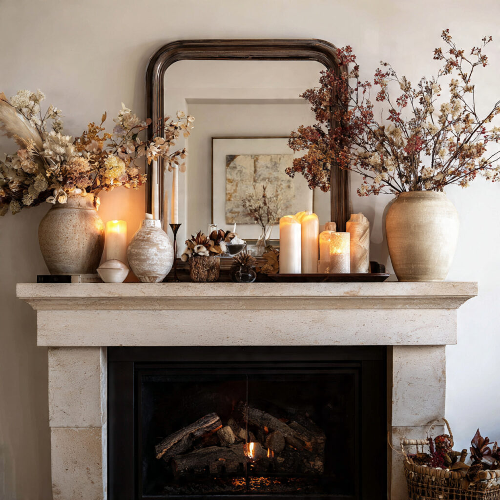 17 Cozy Summer Living Room Ideas That Feel Relaxing and Stylish Start Decorating Now 16 Fireplace Mantel Styled as a Full Seasonal Vignette