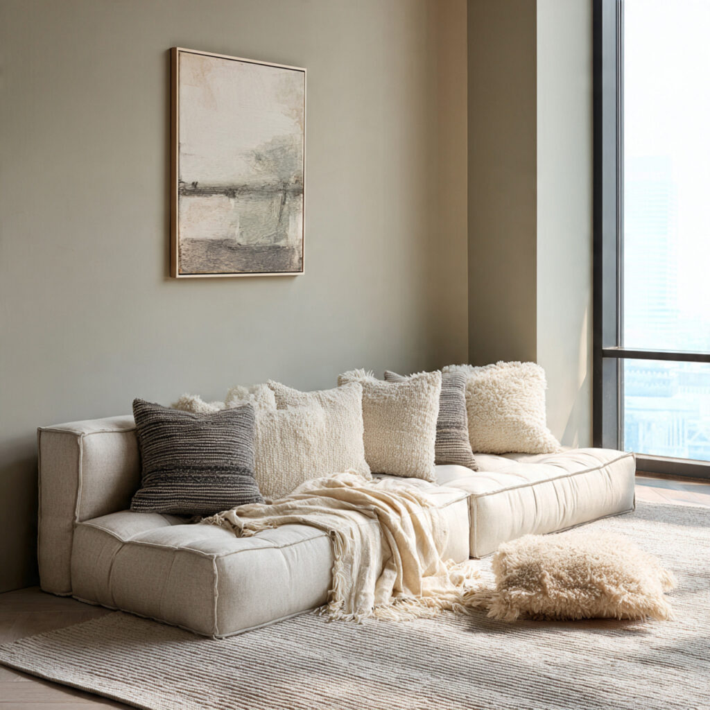 Low Platform Sofa With Cushion and Throw Layering