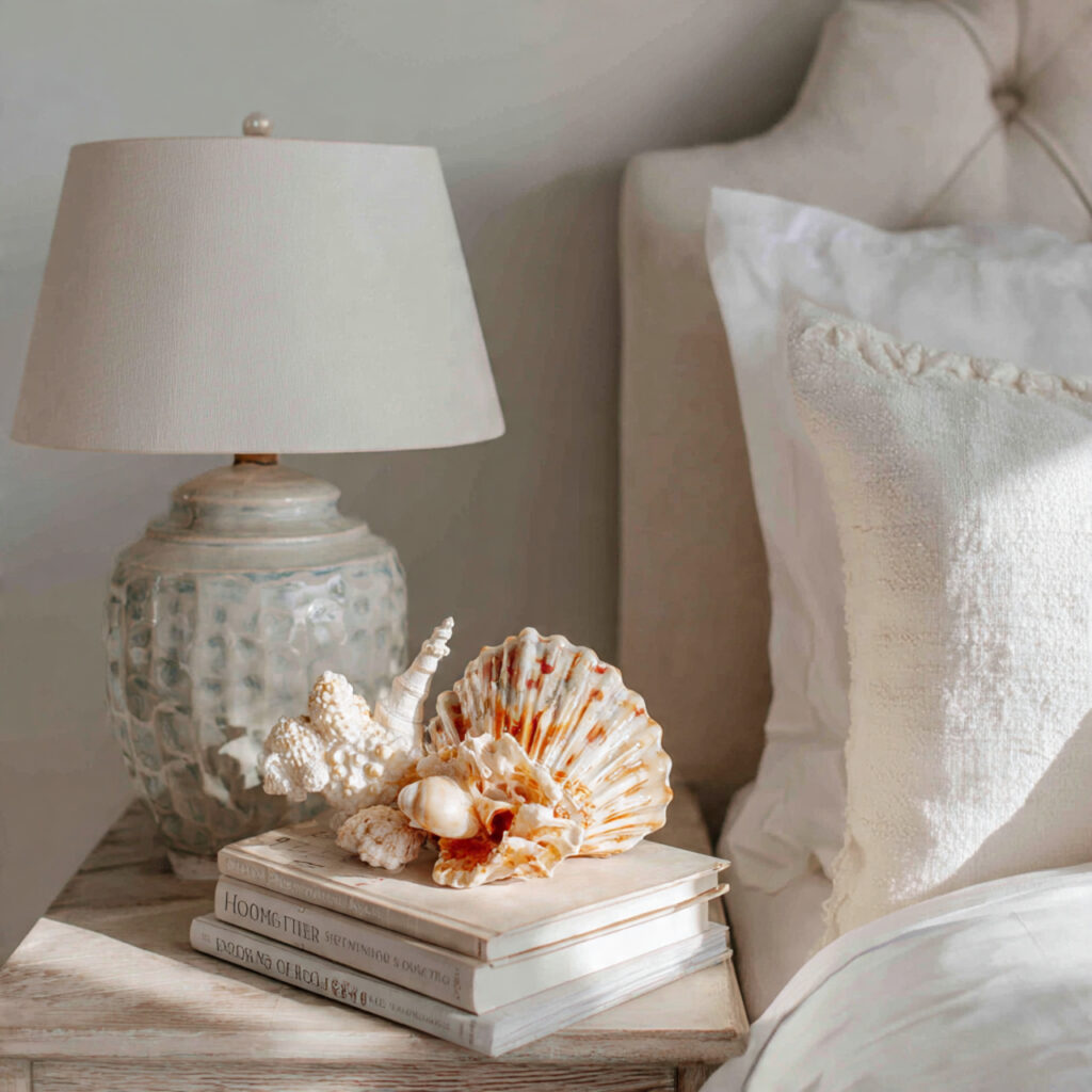 Shell and Coral Vignette Styling on Bedside Tables