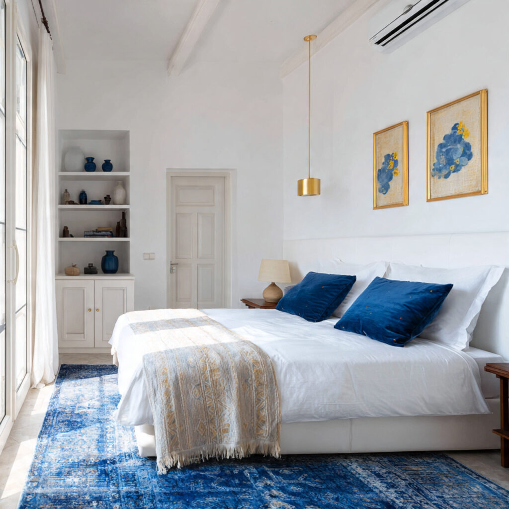 Coastal Sicilian Bedroom in White, Gold, and Sea Blue