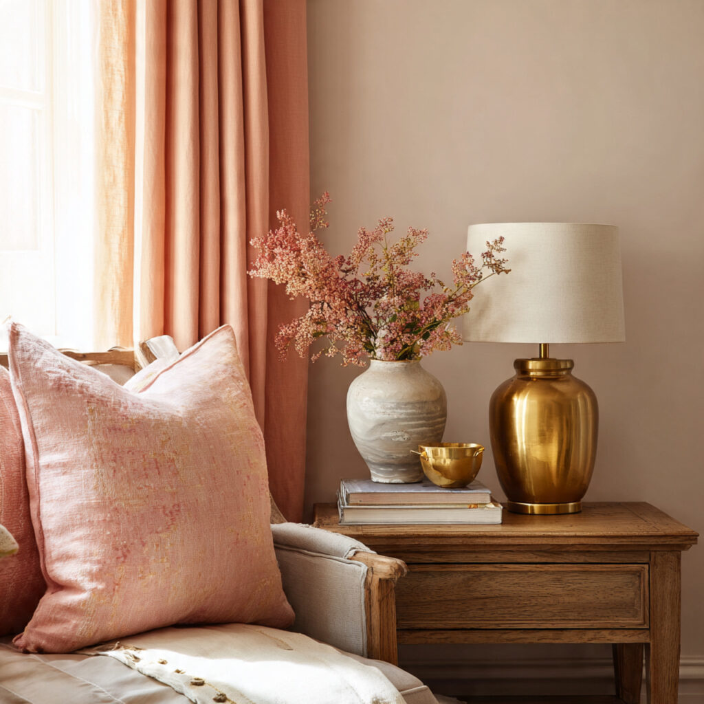 Warm Peach and Natural Linen Room Palette With Brass Accents