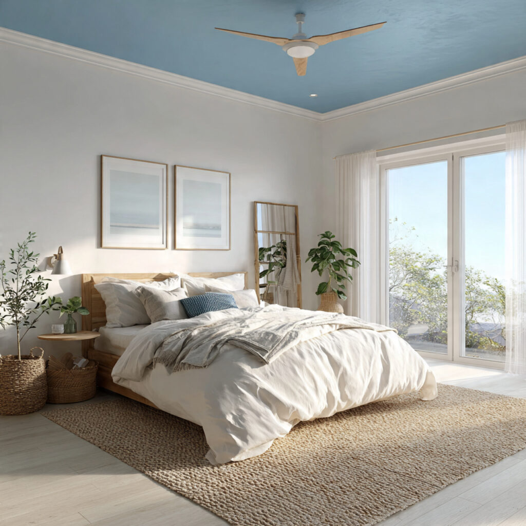 Soft Blue Ceiling Treatment With White Trim
