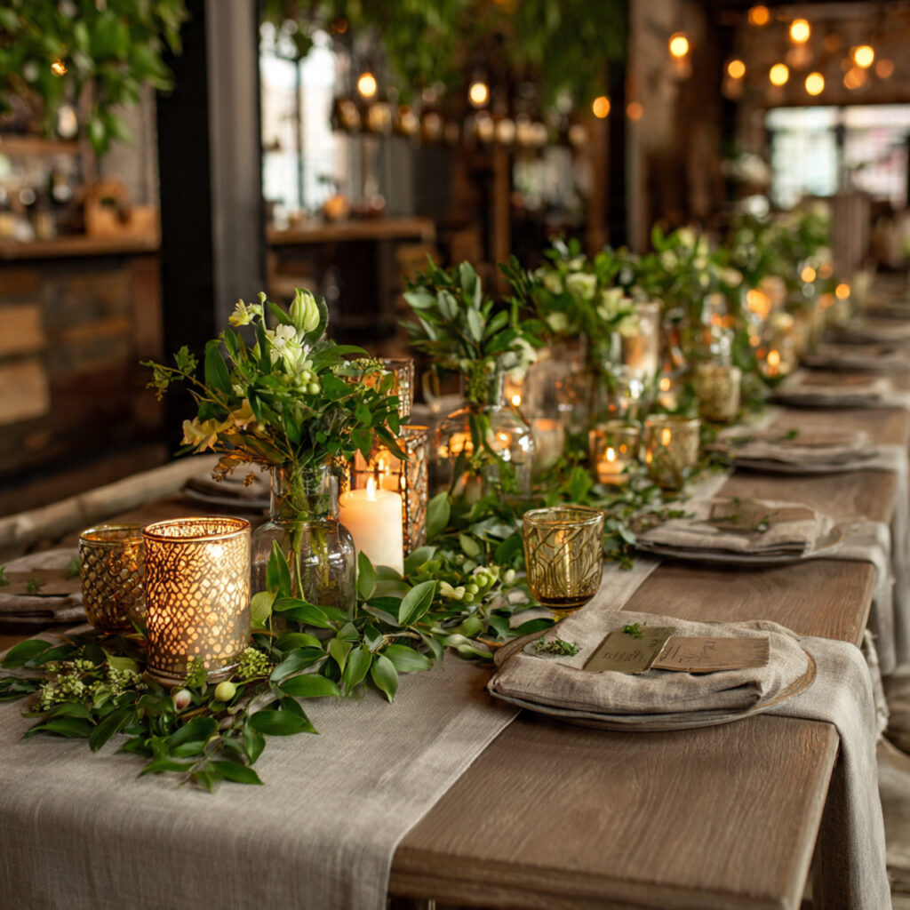 Full Layered April Runner Setup With Linen, Botanicals, and Candlelight