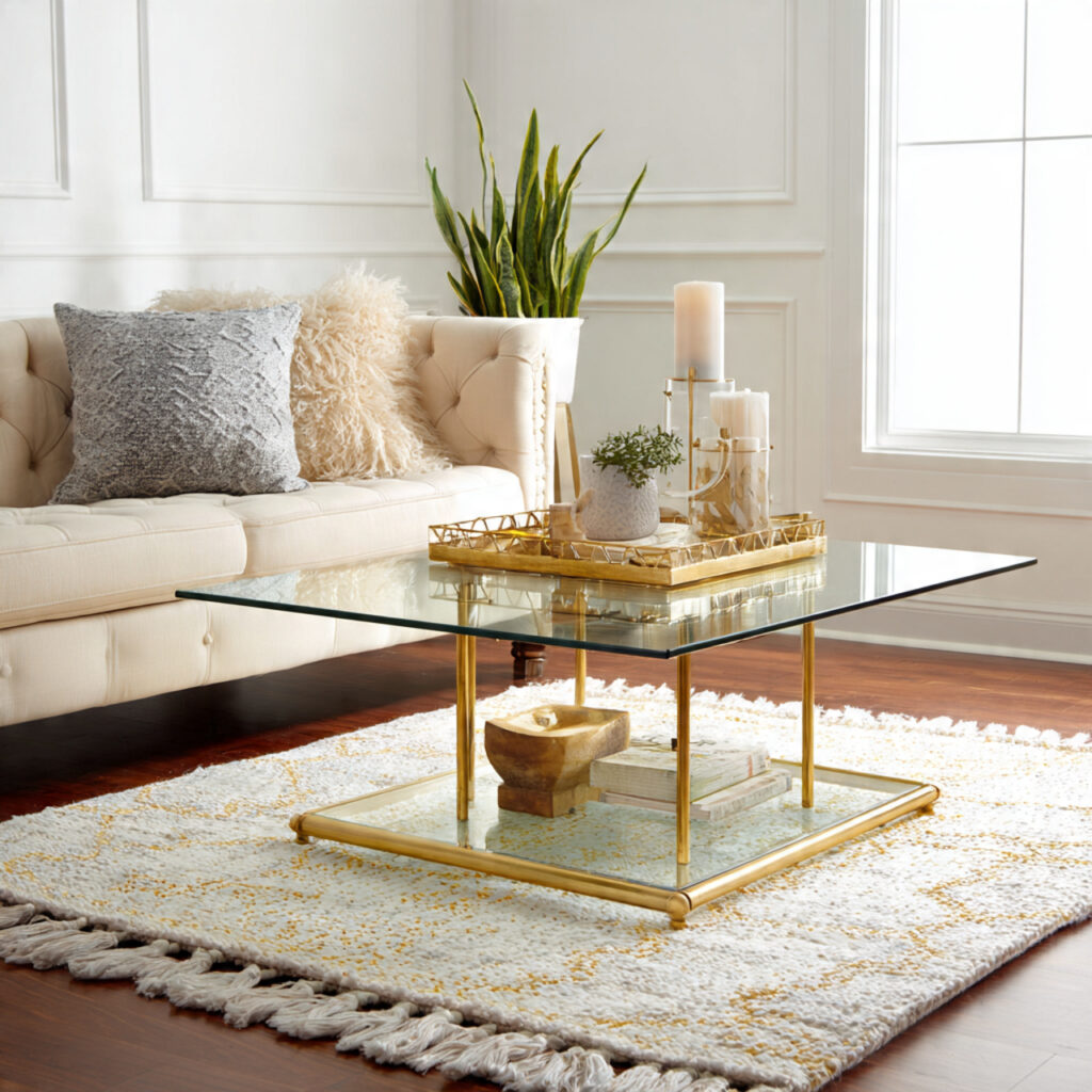 Glass and Brass Coffee Table With Open Base