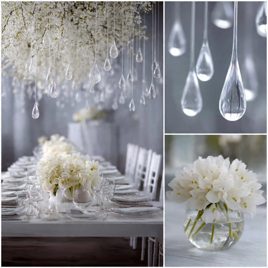 19 April Showers Table Decorations That Create a Fresh Rainy Spring Theme Start Styling Your Table Today 17 Hanging Dewdrop Crystal and Flower Table Installation