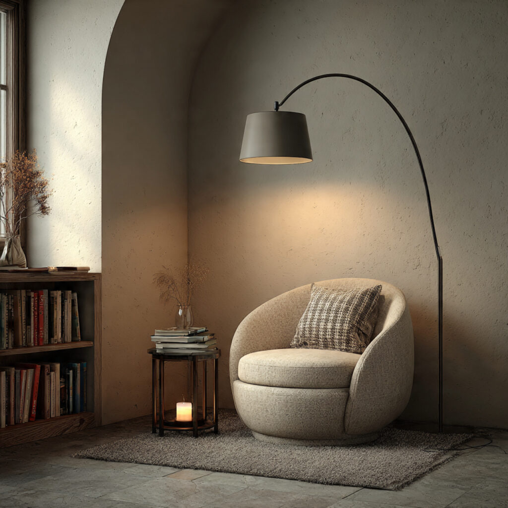 17 Cozy Summer Living Room Ideas That Feel Relaxing and Stylish Start Decorating Now 17 Reading Corner With Arched Floor Lamp and Wraparound Chair