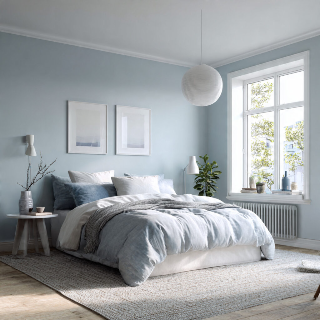 Scandi Blue and White Minimal Summer Bedroom