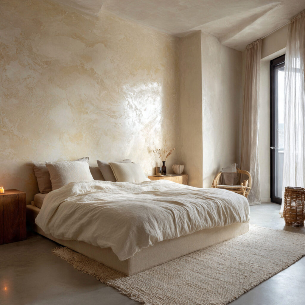 Venetian Plaster Walls With Polished Stone Floor Styling