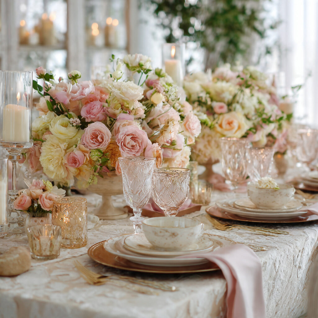 Full Layered April Celebration Table With Florals, Candles, and Linen