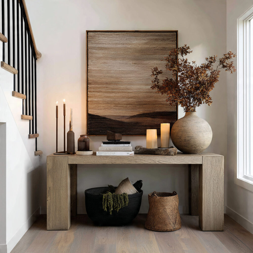 17 Cozy Summer Living Room Ideas That Feel Relaxing and Stylish Start Decorating Now 18 Layered Console Table Styling With Warm Textile Backdrop