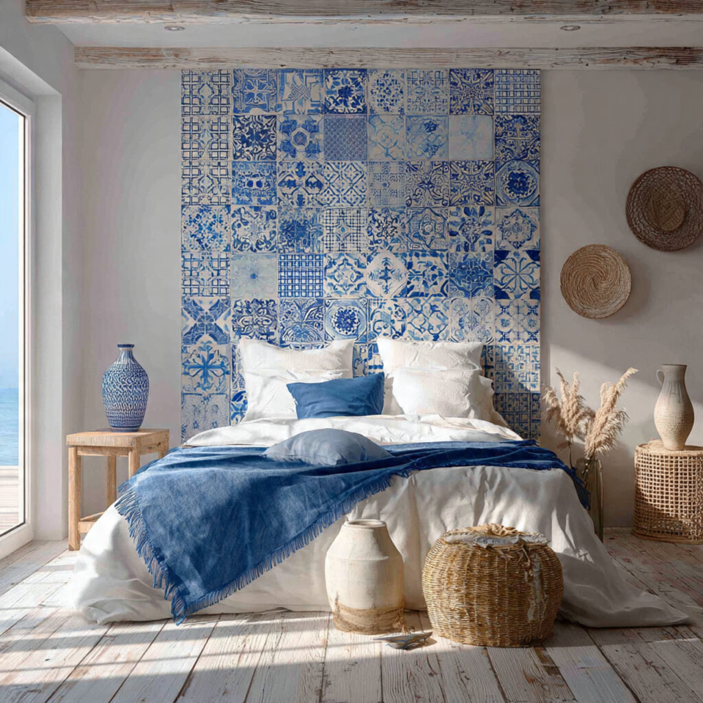 Blue and White Tiled Headboard Wall With Mediterranean Accents