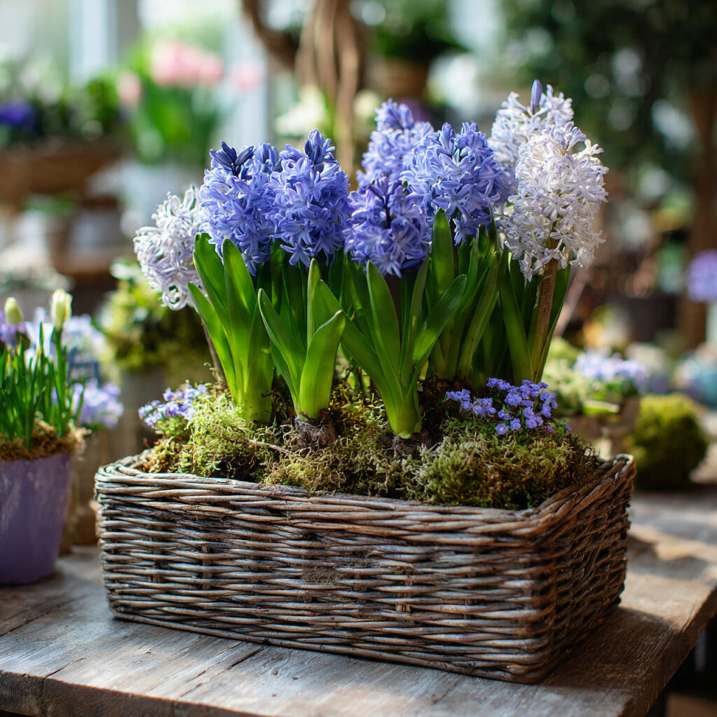 Potted Bulb Display in Wicker Basket Lining