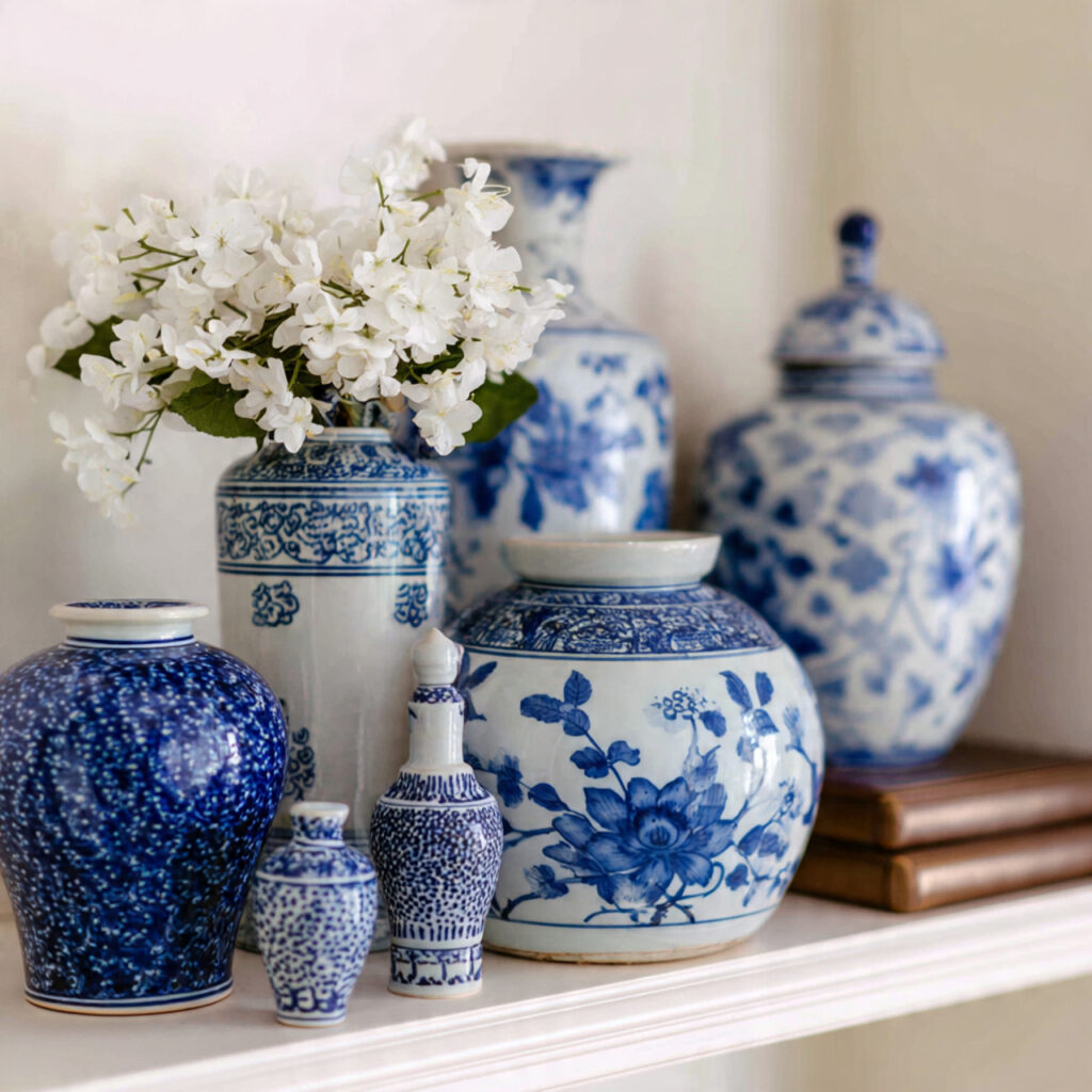 Soft Blue and White Porcelain Vase Collection as Styled Display