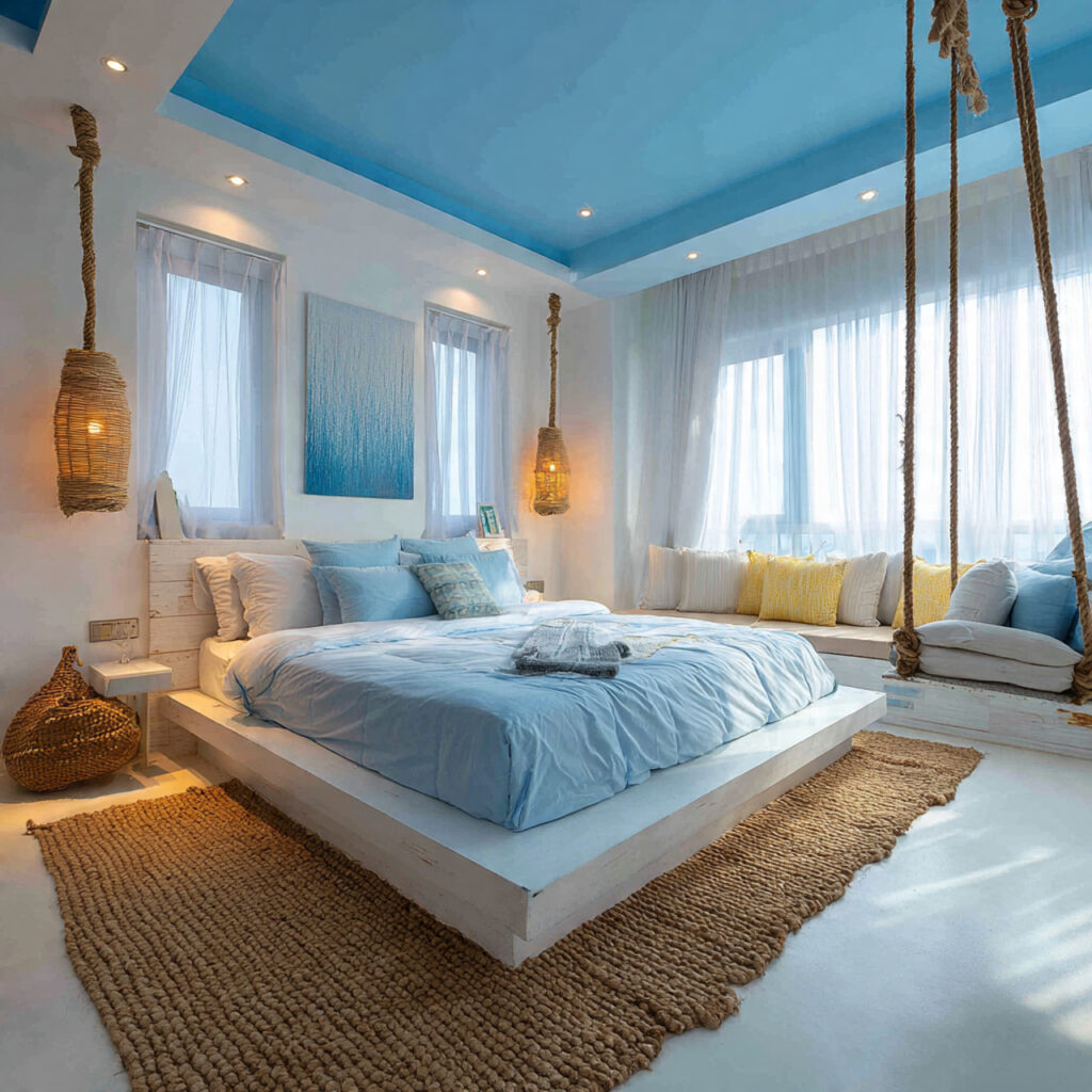 Sky Blue Ceiling With White Walls and Coastal Floor Setup