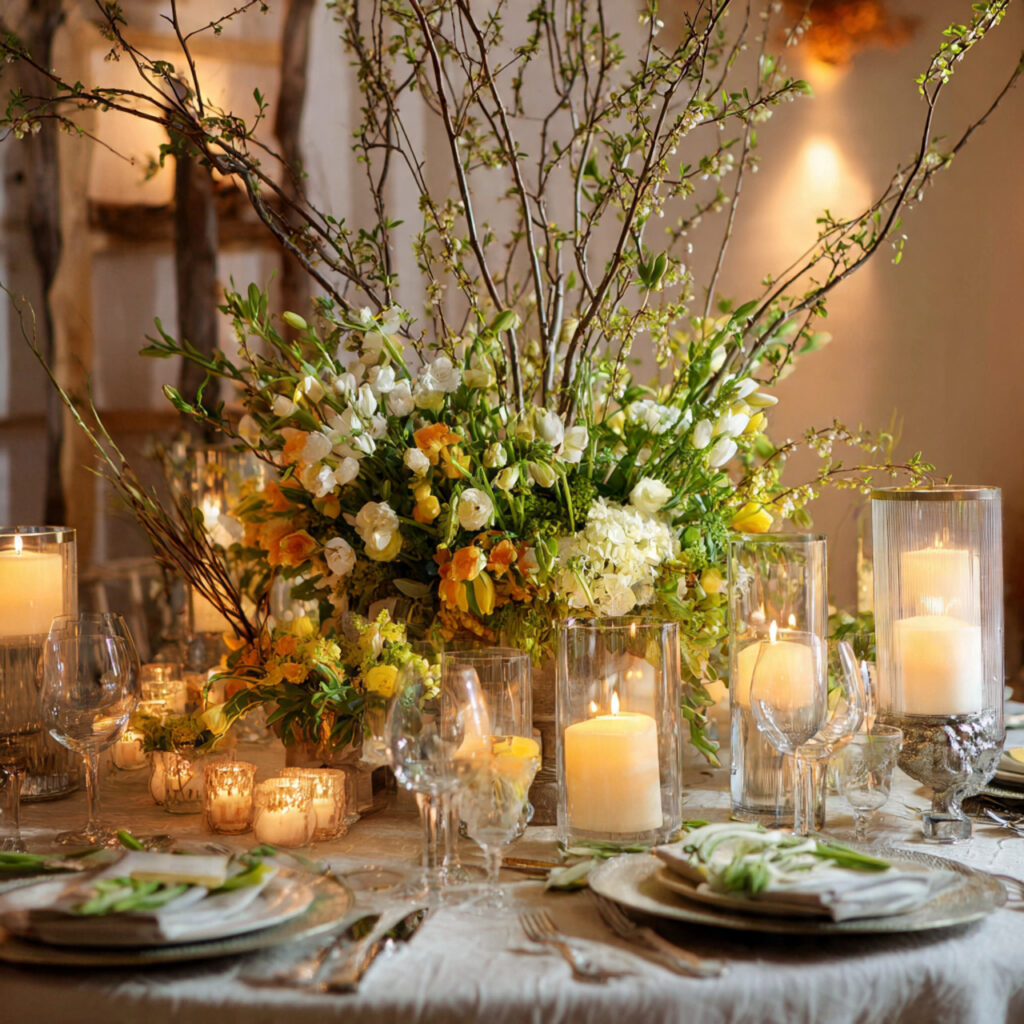 Full Layered April Centerpiece With Height, Texture, and Candlelight