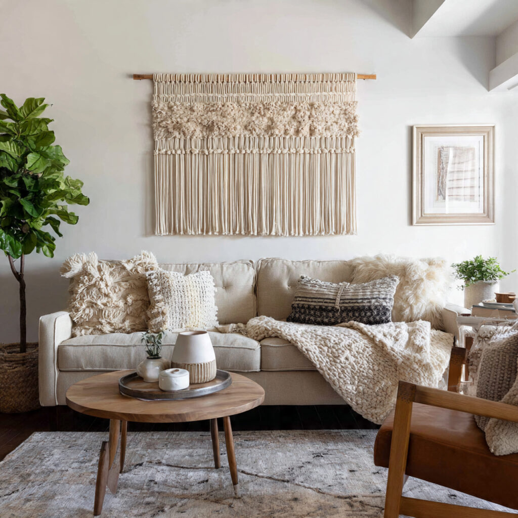 Neutral Toned Woven Wall Hanging as Sofa Art