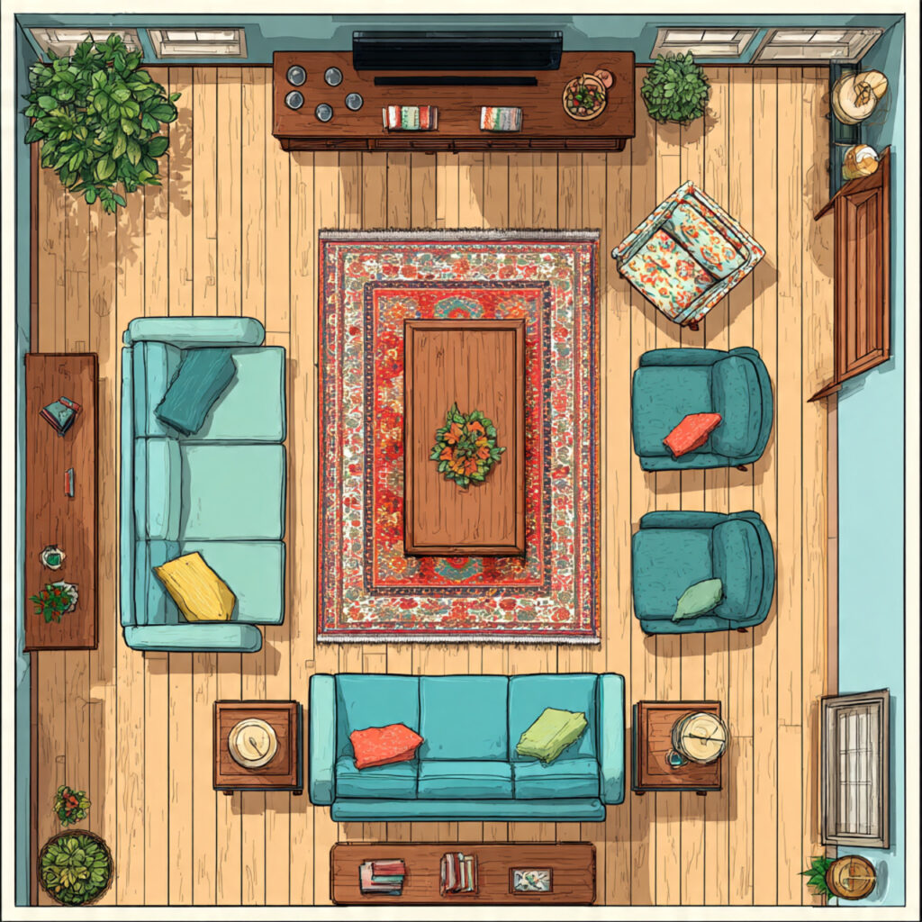 Open-Plan Layout With Furniture Arranged Around a Central Rug