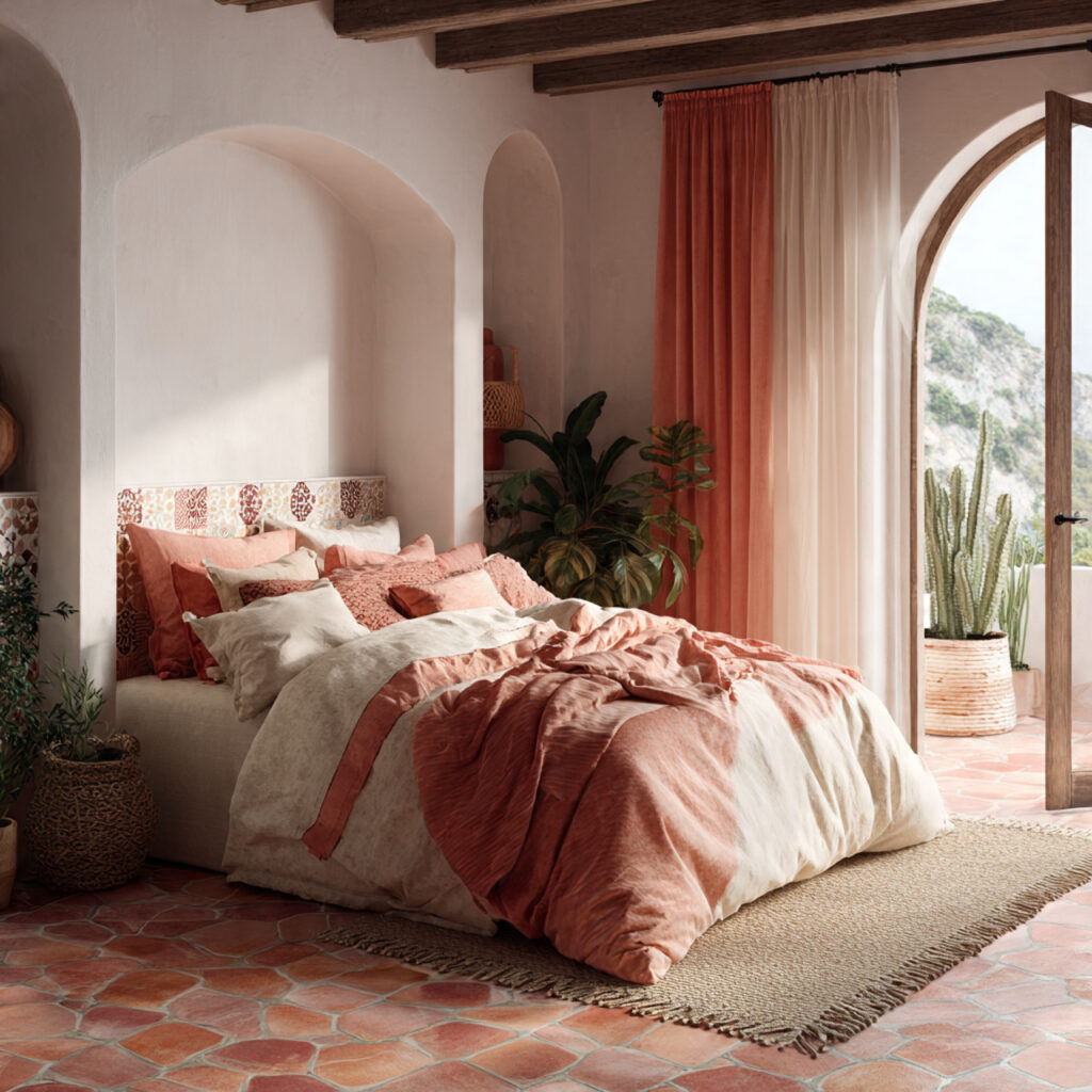 Positano-Style Bedroom With Layered Warm Tones and Tile